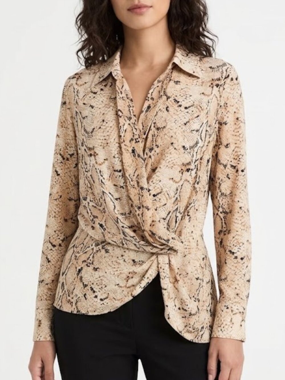 Rose & Olive beige snakeskin print knot-front wrap blouse L